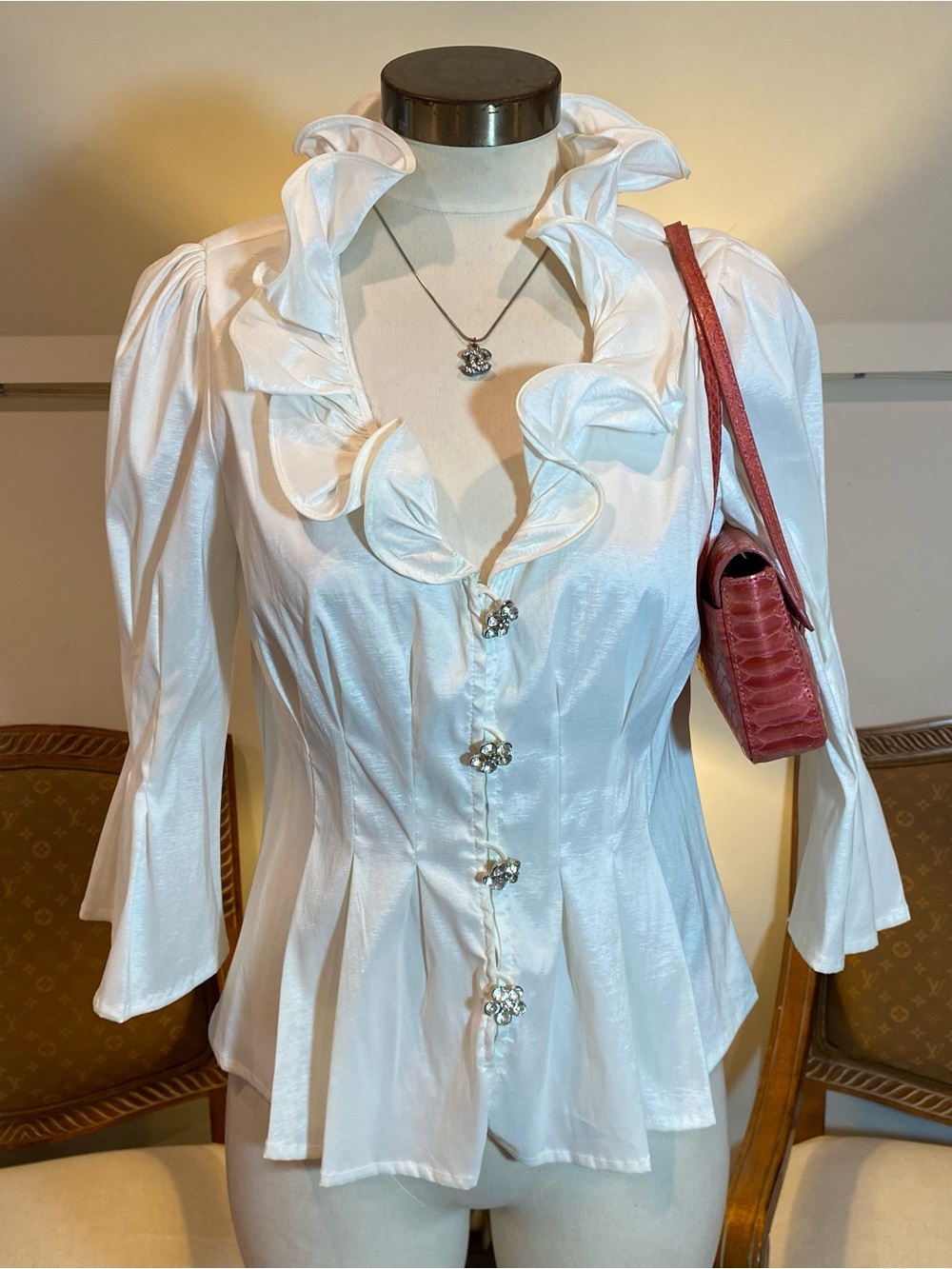 Vintage White Ruffled Satin Blouse with Jeweled Rhinestone Buttons Pleats Size S